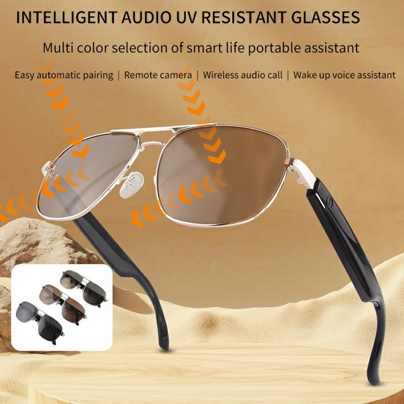 GS02 Polarisierte Linsen Pilotenbrille KI-Übersetzung Smart Eyewear Bluetooth-kompatible Musikbrille - Gold+Beige