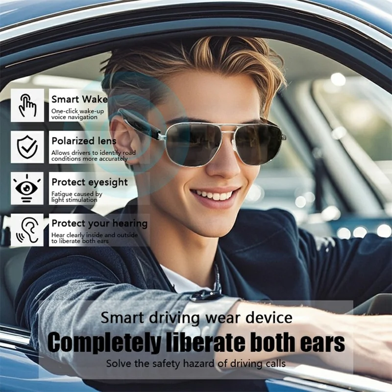 GS02 Polarized Lens Aviator Glasses AI Translation Smart Eyewear Bluetooth-compatible Music Eyeglasses - Silver+Black