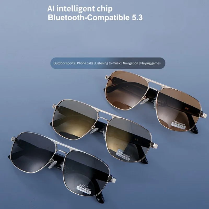 GS02 Polarized Lens Aviator Glasses AI Translation Smart Eyewear Bluetooth-compatible Music Eyeglasses - Silver+Black