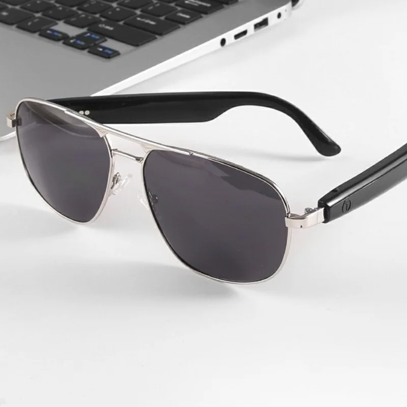 GS02 Polarized Lens Aviator Glasses AI Translation Smart Eyewear Bluetooth-compatible Music Eyeglasses - Silver+Black