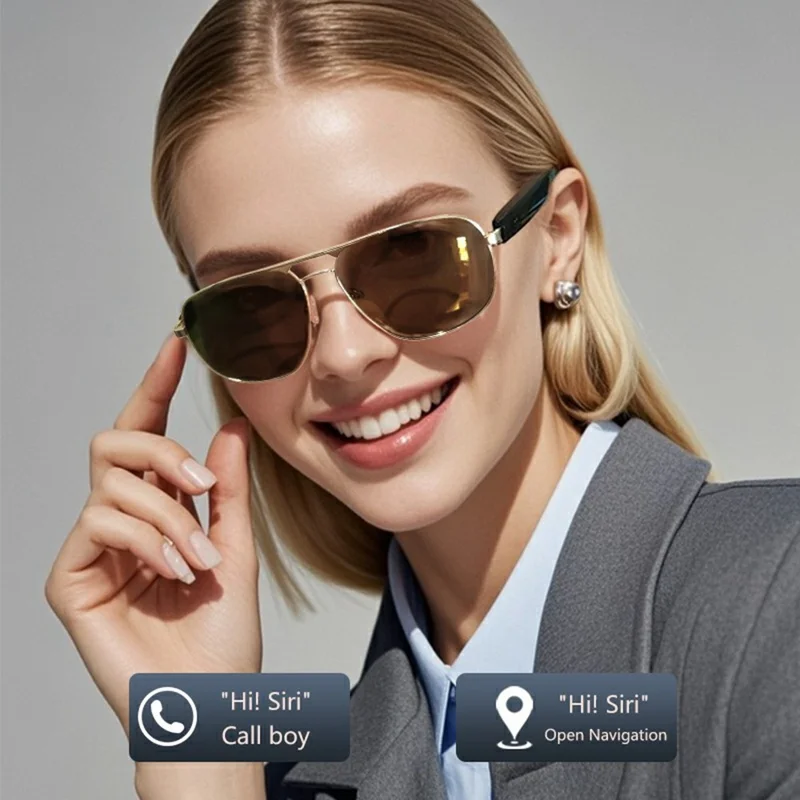 GS02 Polarized Lens Aviator Glasses AI Translation Smart Eyewear Bluetooth-compatible Music Eyeglasses - Silver+Black