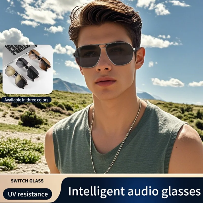GS02 Polarized Lens Aviator Glasses AI Translation Smart Eyewear Bluetooth-compatible Music Eyeglasses - Silver+Black