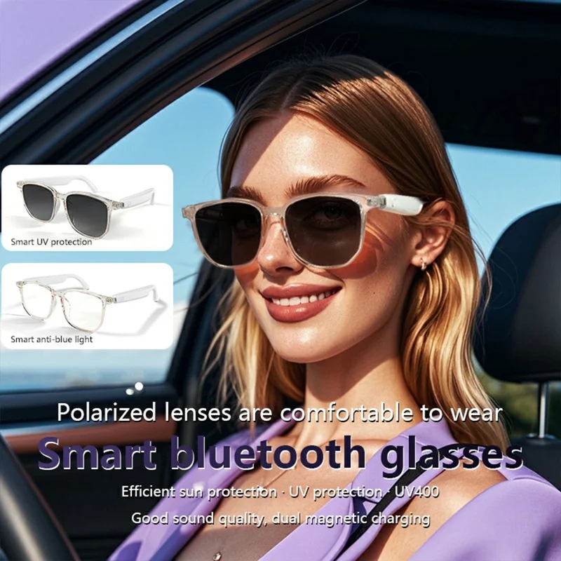 Óculos Inteligentes GS03 AI Translation com Bluetooth - Armação Transparente, Óculos Inteligentes para Música e Chamadas - Polarizado Gradiente Cinza