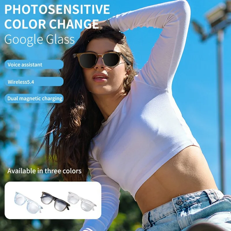GS07 UV400 Photochromic Lens Bluetooth-compatible Music Call Glasses AI Translation Smart Eyewear - White Frame