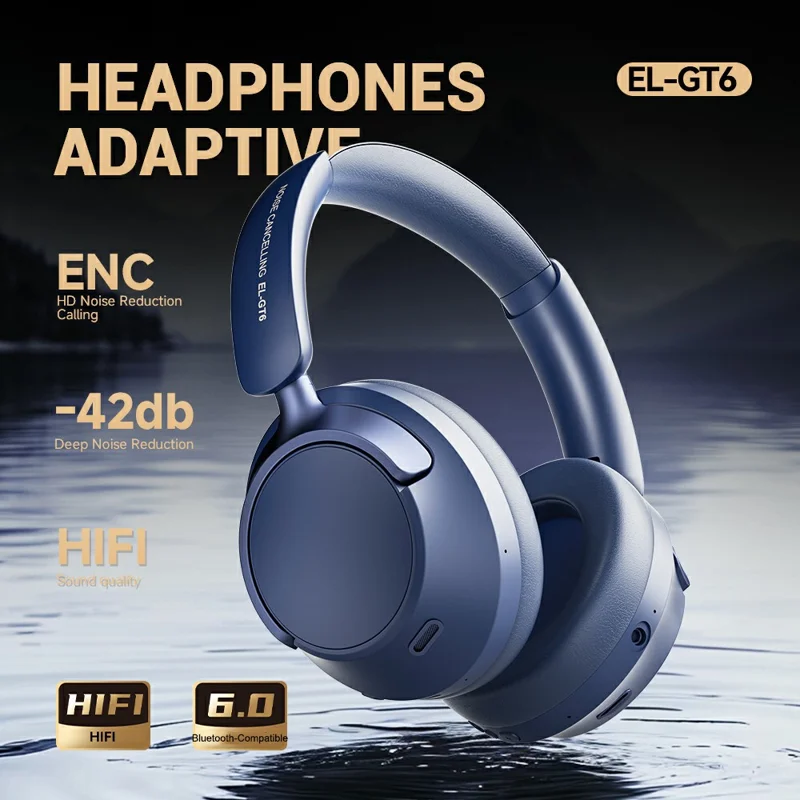 EL-GT6 ANC Noise Cancelling Low Latency Gaming Headset HiFi Sound Over Ear Bluetooth-compatible Headphones - Blue