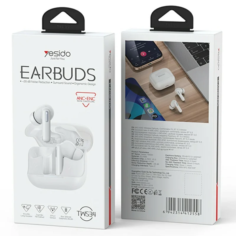 YESIDO TWS34 Bluetooth-compatible Earbuds Dual Mic ANC + ENC Noise Cancelling Touch Control Wireless Earphones