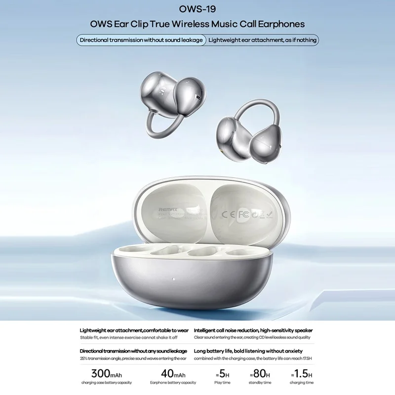 REMAX OWS-19 True Wireless Earbuds Clip-On Design Bluetooth-Compatible Music Calling Headphones - Black