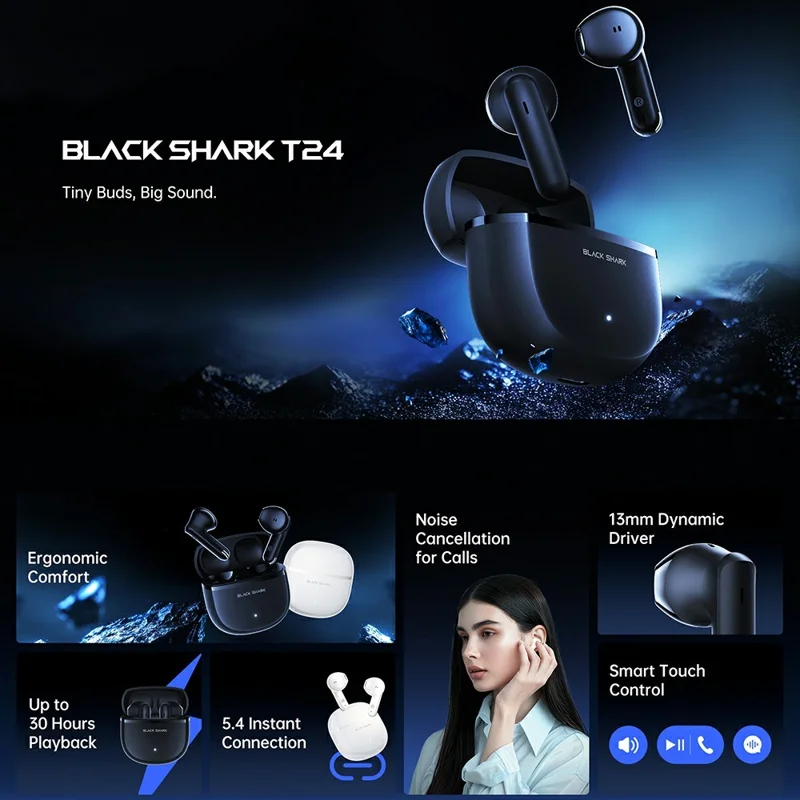 BLACK SHARK T24 Wireless Earbuds BT 5.4 Half In-Ear Headphones with Mic  /  ENC Noise Cancellation - Black