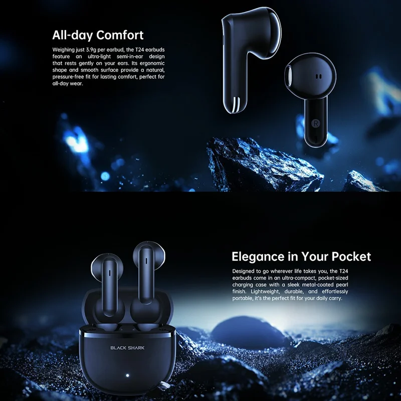 BLACK SHARK T24 Wireless Earbuds BT 5.4 Half In-Ear Headphones with Mic  /  ENC Noise Cancellation - Black