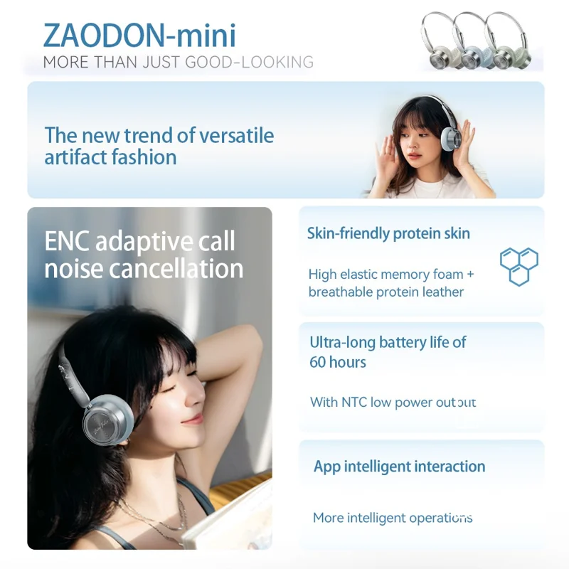 ZAODON mini Bluetooth-compatible 6.0 Headphones High Definition Audio Wireless Over Ear Headset - Blue