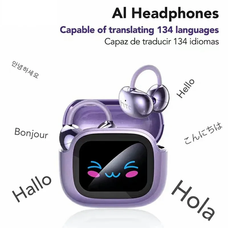 HTC NE32 słuchawki z tłumaczem AI, tłumaczenie w czasie rzeczywistym na 135 języków, wysokiej jakości dźwięk, słuchawki Bluetooth z mocowaniem, fioletowe