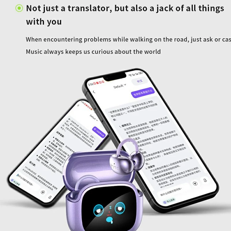 HTC NE32 słuchawki z tłumaczem AI, tłumaczenie w czasie rzeczywistym na 135 języków, wysokiej jakości dźwięk, słuchawki Bluetooth z mocowaniem, fioletowe