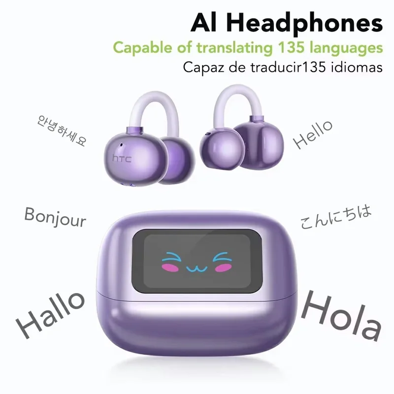 HTC NE54 AI Translation Earbuds HiFi Audio Bluetooth-compatible 6.0 135 Languages Real Time Translation Earphones - Purple