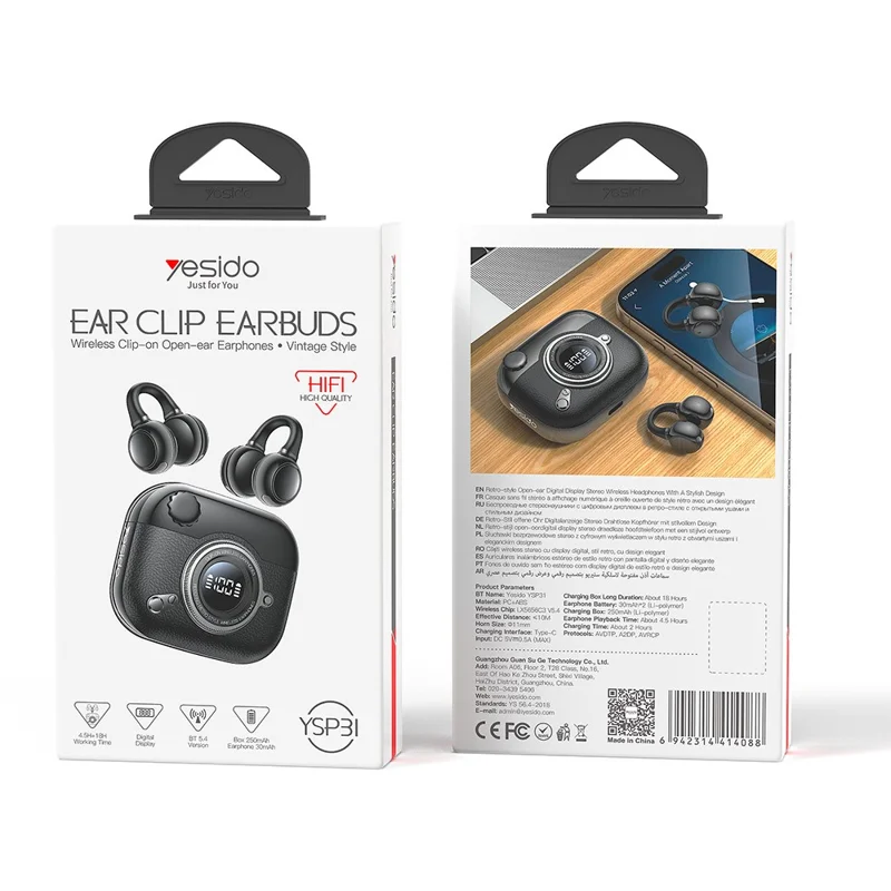 YESIDO YSP31 Écouteurs sans fil Open-Ear à clip Bluetooth compatibles Longue durée de batterie OWS