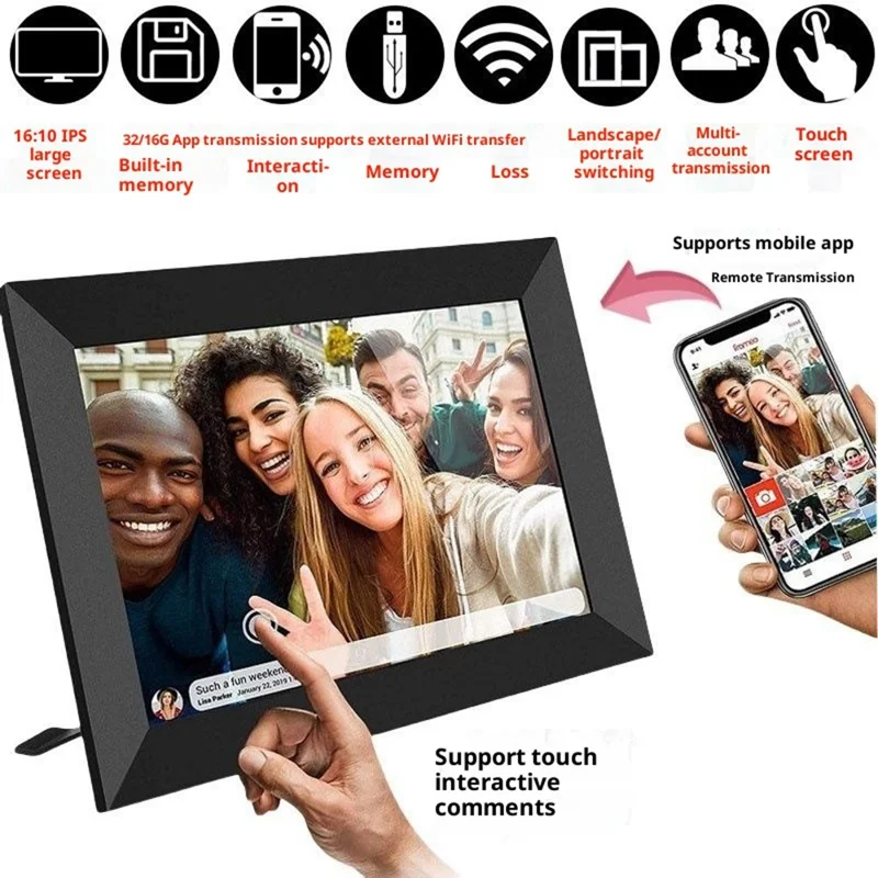 10,1-calowy cyfrowy ramka zdjęciowa z HD ekranem dotykowym Wi-Fi, chmura albumów, bezprzewodowy zdalny transfer zdjęć i wideo, automatyczna rotacja - Czarny / wtyk UE