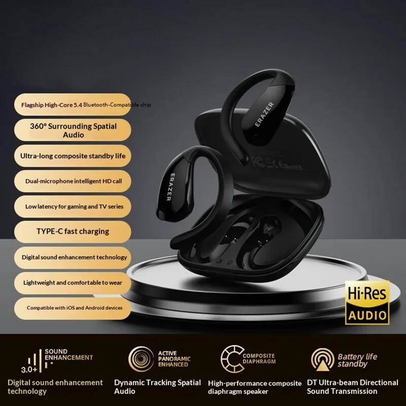 LENOVO ERAZER XF30 Écouteurs sans fil avec crochets d'oreille Son 360° Écouteurs ouverts Bluetooth Mode à faible latence pour le jeu et le streaming - Noir