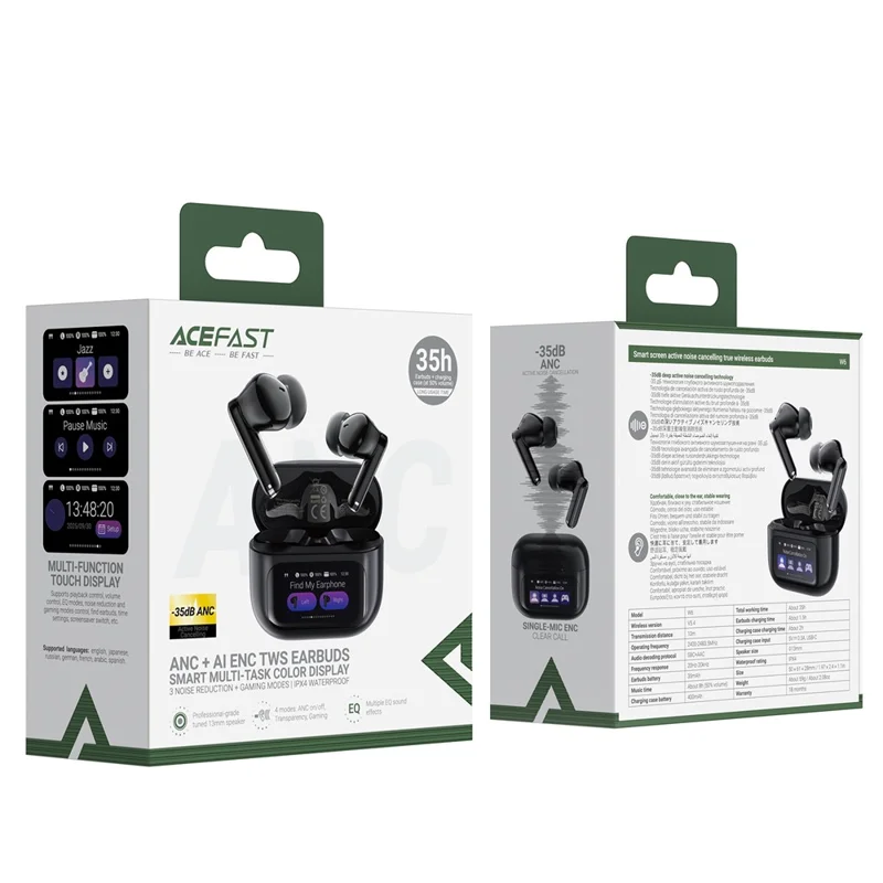 ACEFAST W6 TWS-oordopjes ANC + ENC Noise Cancelling-oordopjes met slim scherm