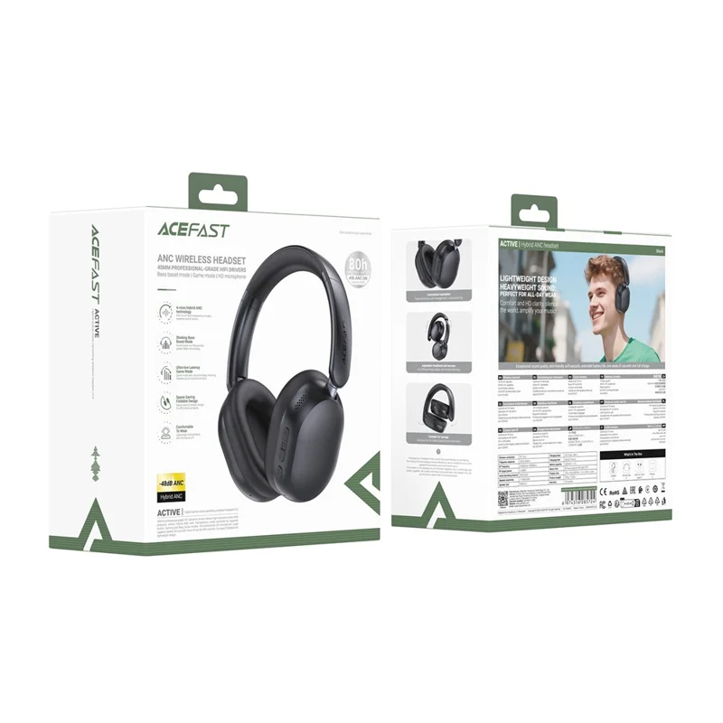 ACEFAST H12 Cancellazione Attiva del Rumore Ibrida Cuffie Bluetooth Cuffie Over-Ear con Microfono / Modalità Basso Latenza - Nero
