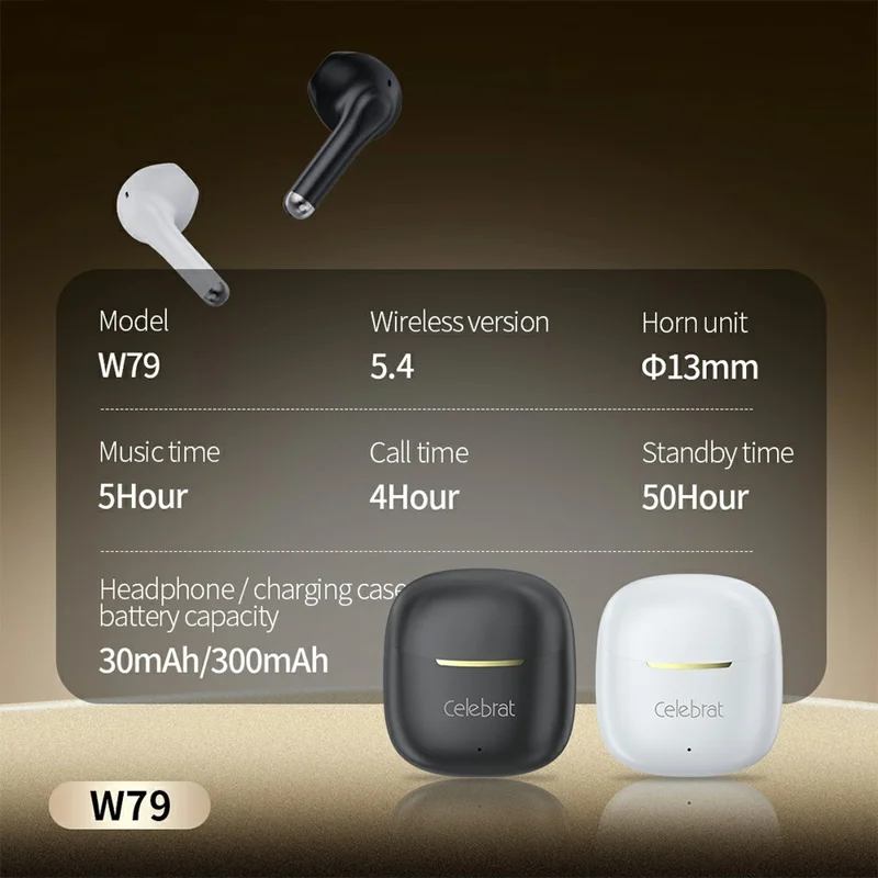 CELEBRAT W79 Semi In-Ear Wireless Earbuds Bluetooth-compatible 5.4 13mm Driver HiFi Audio Earbuds - Black