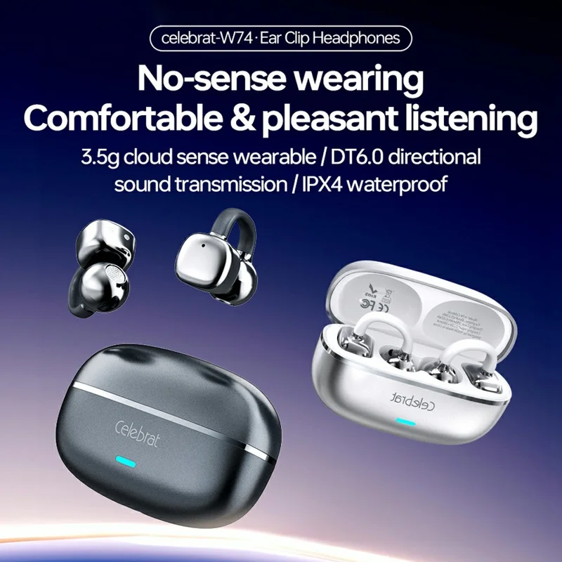 CELEBRAT W74 Earclip Wireless Earbuds IPX4 Waterproof Bluetooth-compatible 5.4 Open Ear Sports Earbuds - Black