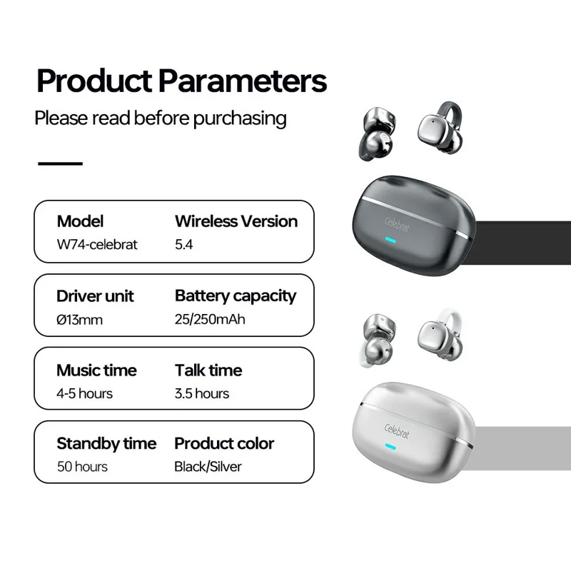 CELEBRAT W74 Earclip Wireless Earbuds IPX4 Waterproof Bluetooth-compatible 5.4 Open Ear Sports Earbuds - Black