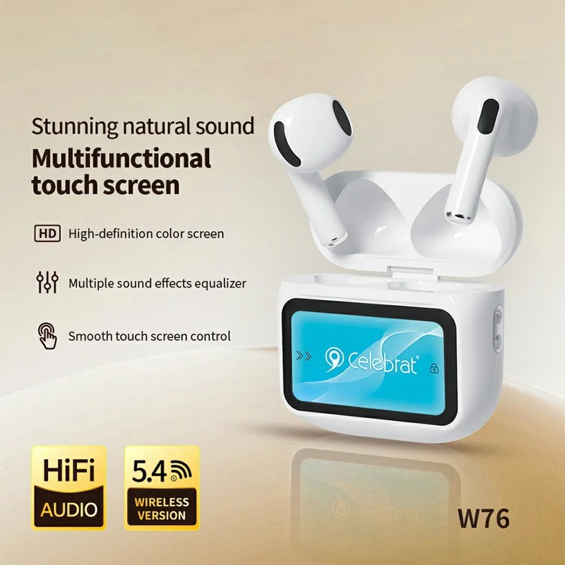 CELEBRAT W76 Wireless Earbuds HiFi Audio Bluetooth-compatible 5.4 Earbuds with Smart Color Touch Screen Charging Case