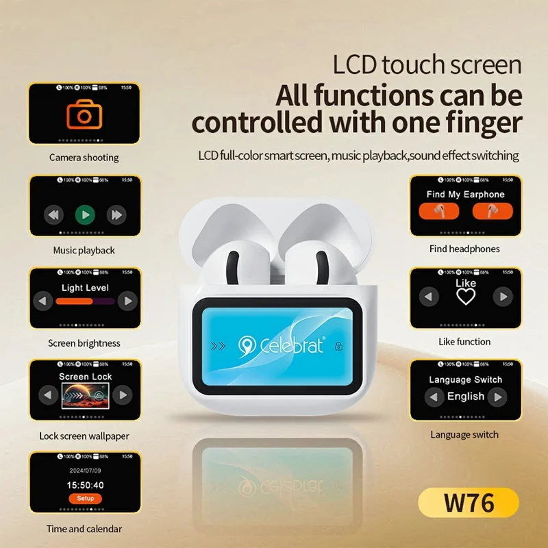 CELEBRAT W76 Wireless Earbuds HiFi Audio Bluetooth-compatible 5.4 Earbuds with Smart Color Touch Screen Charging Case