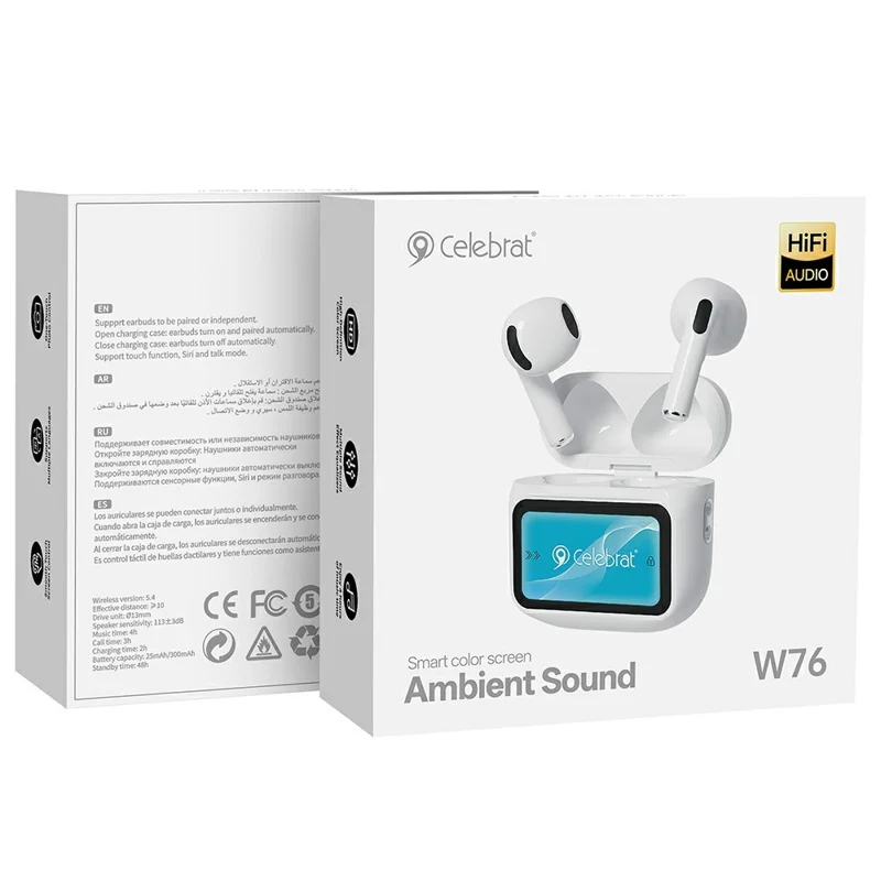CELEBRAT W76 Wireless Earbuds HiFi Audio Bluetooth-compatible 5.4 Earbuds with Smart Color Touch Screen Charging Case