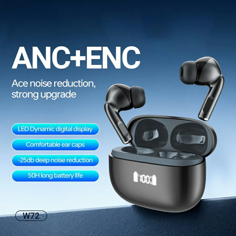 CELEBRAT W72 ANC + ENC Noise Cancelling Bluetooth-compatible 5.4 Earbuds HiFi Audio In-Ear Wireless Earbuds - Black