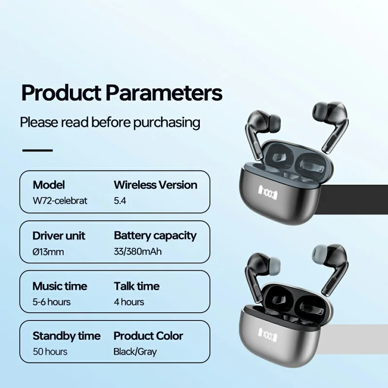 CELEBRAT W72 ANC + ENC Noise Cancelling Bluetooth-compatible 5.4 Earbuds HiFi Audio In-Ear Wireless Earbuds - Black