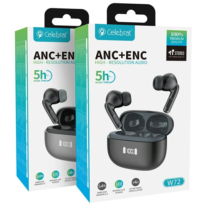 CELEBRAT W72 ANC + ENC Noise Cancelling Bluetooth-compatible 5.4 Earbuds HiFi Audio In-Ear Wireless Earbuds - Black