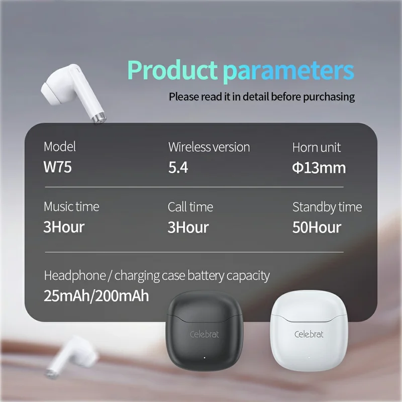 Беспроводные наушники CELEBRAT W75, Bluetooth 5.4, высокое качество звука, вставные наушники — черные