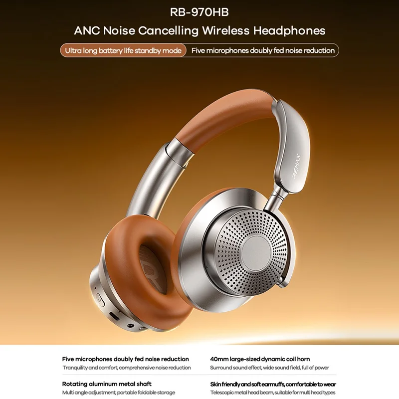 REMAX RB-970HB Wireless Over-Ear Headphones ANC Noise Canceling Bluetooth-Compatible Headset with Soft Earpads - Black