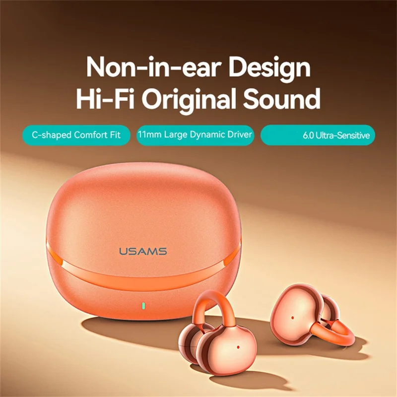 USAMS Echo R03 Clip-On Earbuds 11mm Driver Bluetooth-compatible 6.0 Wireless Earbuds - Orange