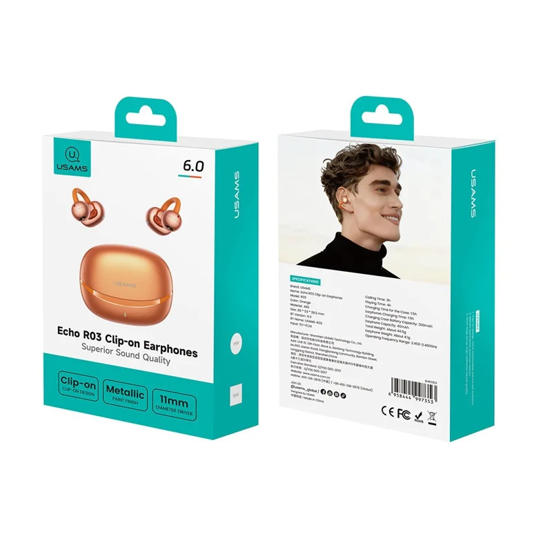 USAMS Echo R03 Clip-On Earbuds 11mm Driver Bluetooth-compatible 6.0 Wireless Earbuds - Orange