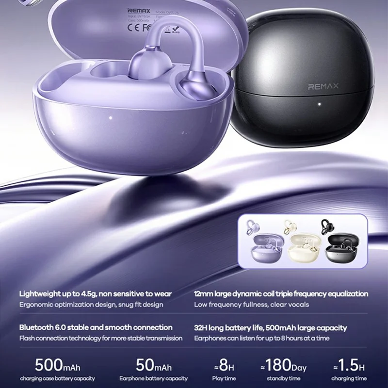 REMAX OWS-23 True Wireless Earphones 12mm Driver Stereo Music Call Bluetooth-Compatible Earbuds - Purple