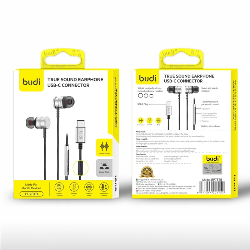BUDI EP78TB 1.2m Type-C Wired Earphones 10mm Dynamic Driver Enhanced Bass In-Ear Earphones for Smartphones / Tablets / Laptops