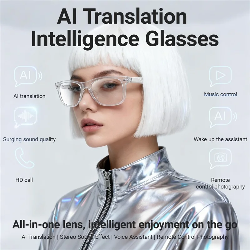 Óculos F60 com Controlo por Toque, Tradução AI, Bluetooth, Música e Chamadas Mãos Livres - Armação Preta / Lentes Anti-luz Azul