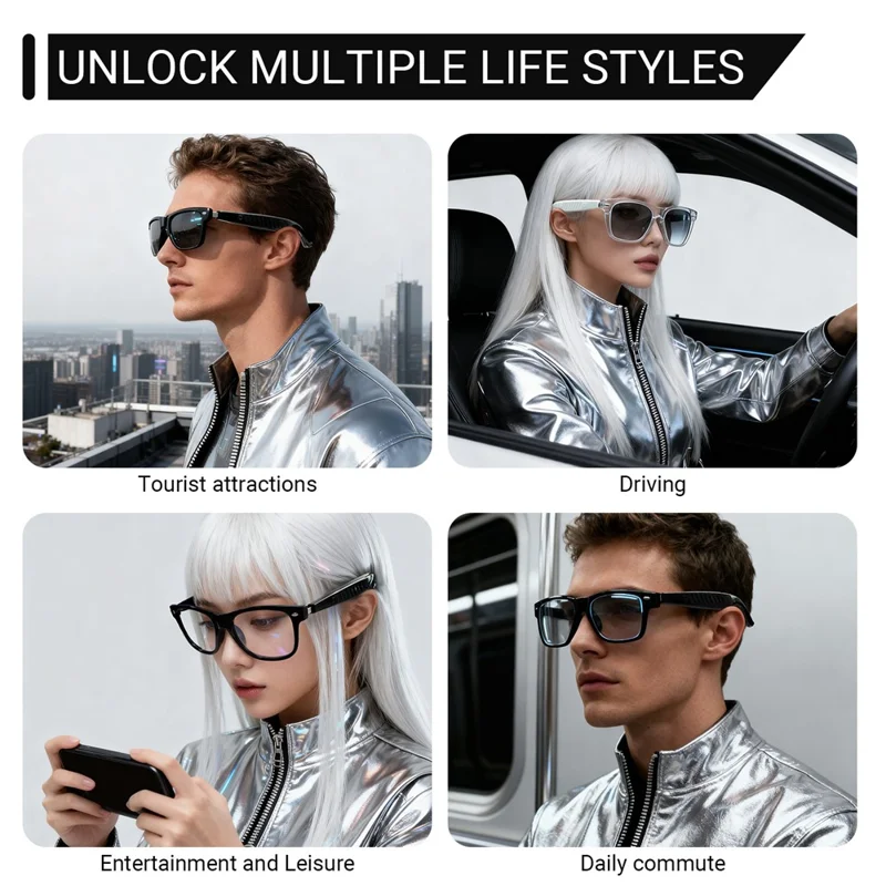 Óculos F60 com Controlo por Toque, Tradução AI, Bluetooth, Música e Chamadas Mãos Livres - Armação Preta / Lentes Anti-luz Azul