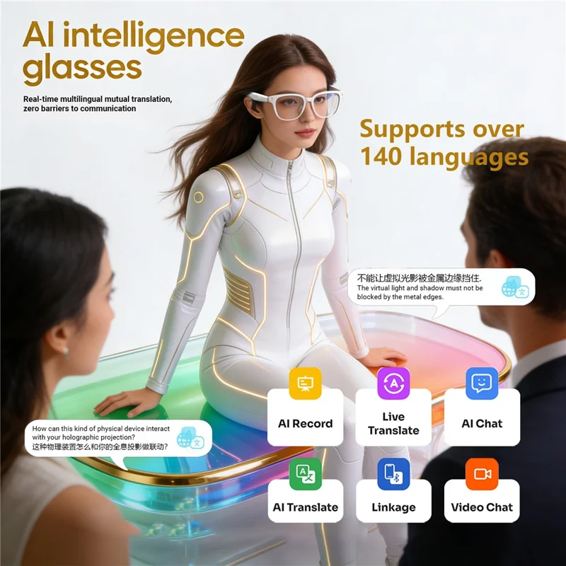 F66 AI Translation Bluetooth-compatible Glasses Touch Control Smart Eyewear for Music and Calls - White Frame / Anti Blue Light Lens