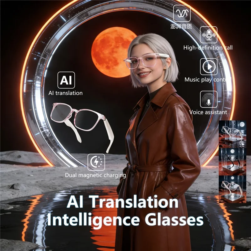 F62 AI Translation Smart Glasses Bluetooth-compatible Earphones Music Calling Intelligent Eyewear - Black Frame / Anti Blue Light Lens