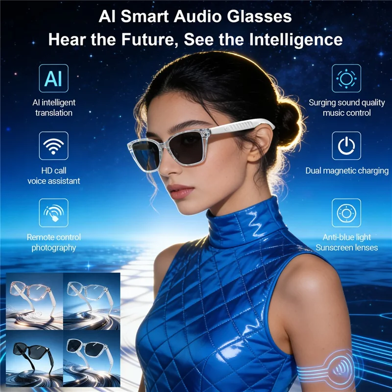 F67 AI Smart Audio Glasses Hands Free Calling Bluetooth-compatible Earphones Intelligent Translation Eyewear - Black Frame / Anti Blue Light Lens