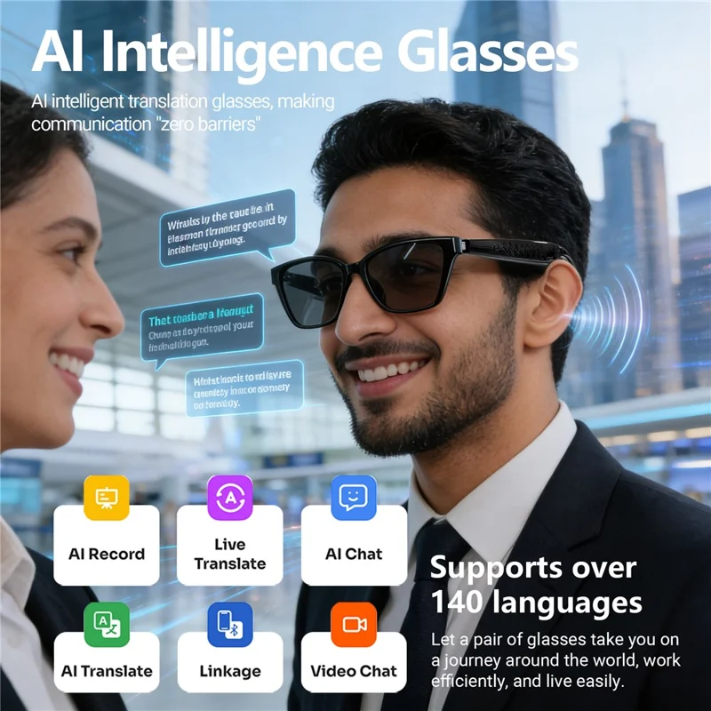 F67 AI Smart Audio Glasses Hands Free Calling Bluetooth-compatible Earphones Intelligent Translation Eyewear - Black Frame / Anti Blue Light Lens