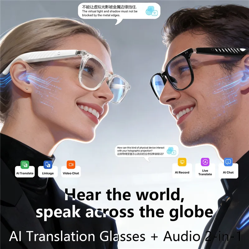 F71 AI Translation Smart Glasses Bluetooth-compatible Calling Music Earphones Intelligent Eyewear - Black Frame / Anti Blue Light Lens