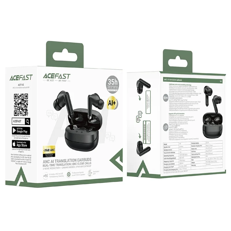 ACEFAST W8 ANC AI Translation Earbuds BT 6.0 Wireless Earphones Support ANC + ENC Noise Reduction - Black