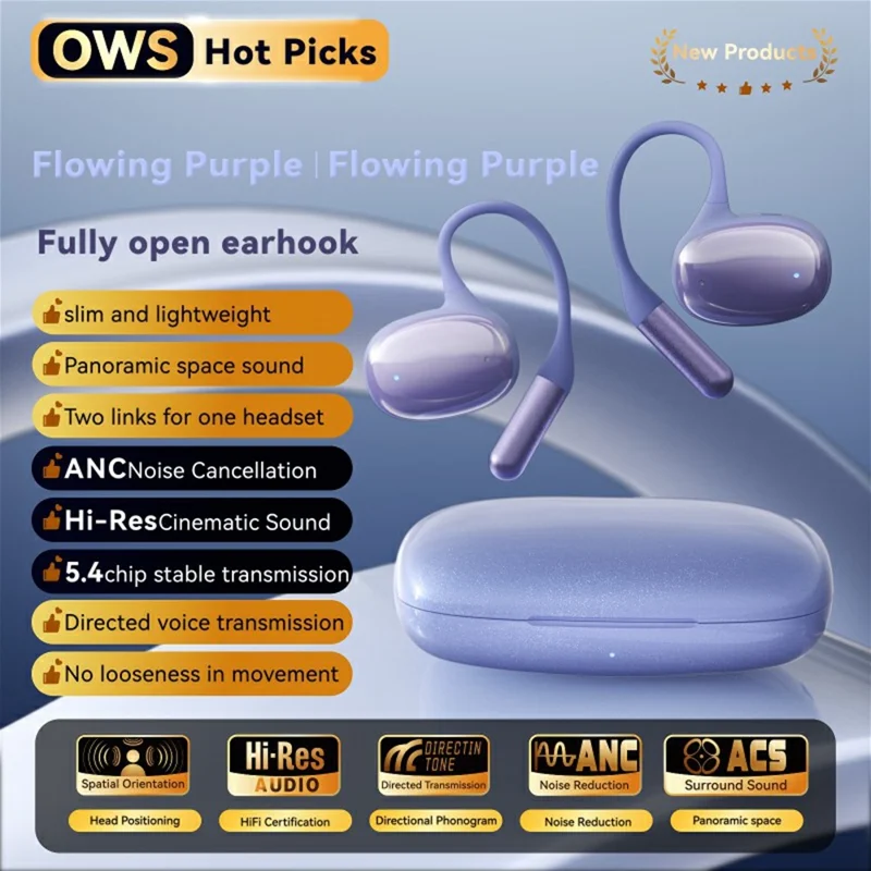 F20 Open Ear Hook OWS Earphones Wireless Sports ANC Noise Cancelling Bluetooth-Compatible Headphones - Purple