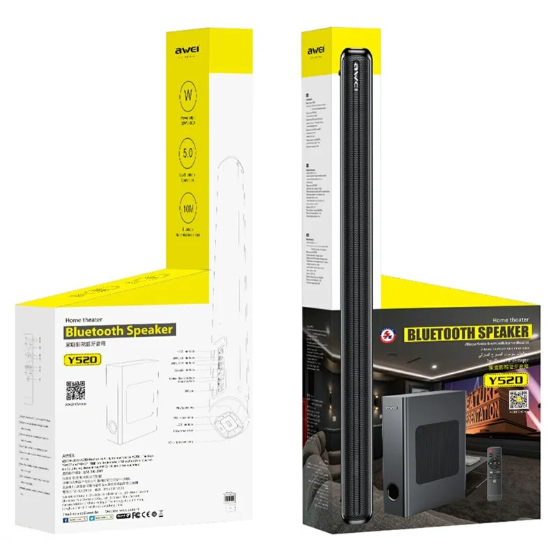 AWEI Y520 Bluetooth-Compatible Soundbar with Subwoofer 2.1 Channel Home Theater Speaker System - Black