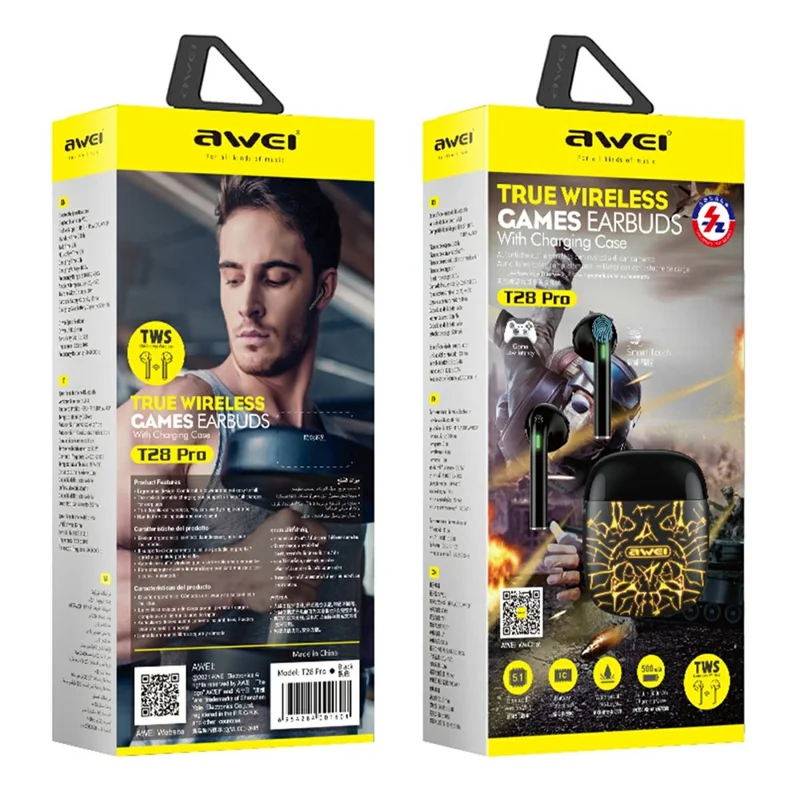 AWEI T28 Pro Wireless In-Ear TWS Earbuds with RGB Breathing Light Low Latency Gaming Earphones - Map Pattern