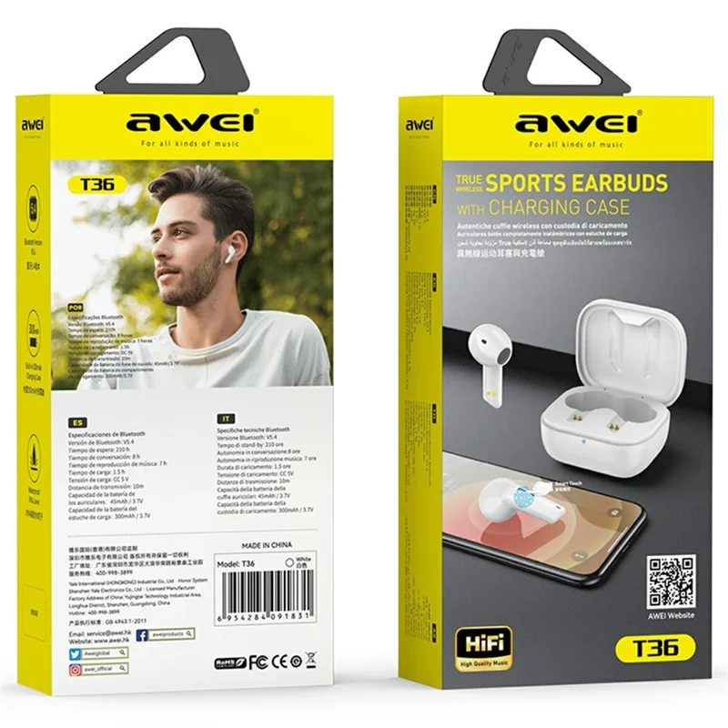 AWEI T36 Sports Bluetooth-Compatible TWS Earphones Gaming Zero Latency Wireless Earbuds - White