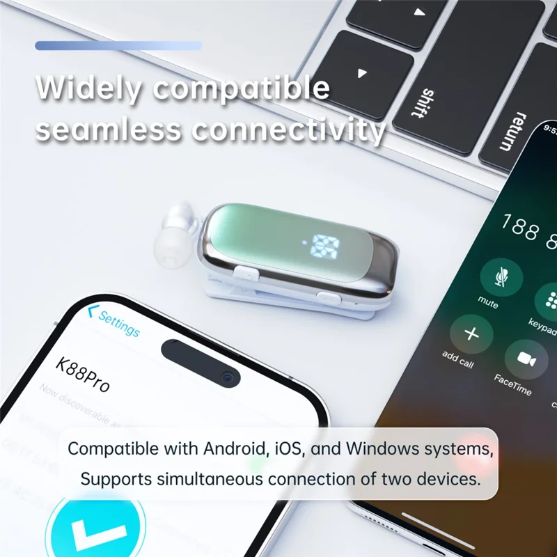 K88Pro Auriculares Inalámbricos con Clip, Pantalla Digital, Bluetooth 6.0, Auricular para Solapa de Negocios - Verde Degradado